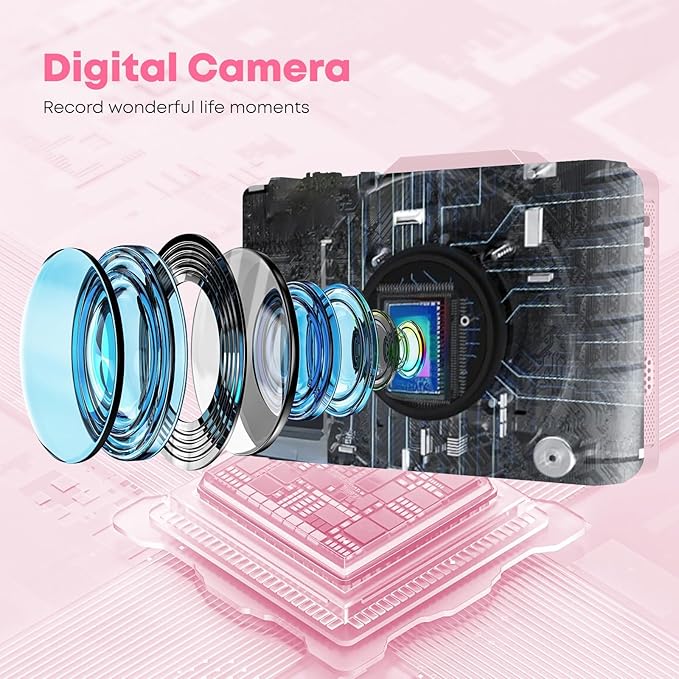 Digital Camera, Autofocus 4K Vlogging Camera for Photography with 64GB Card, Full HD 4K Point and Shoot Camera Portable Compact and Shoot Digital Camera for 16X Zoom, Anti-Shake, for Beginners, Pink