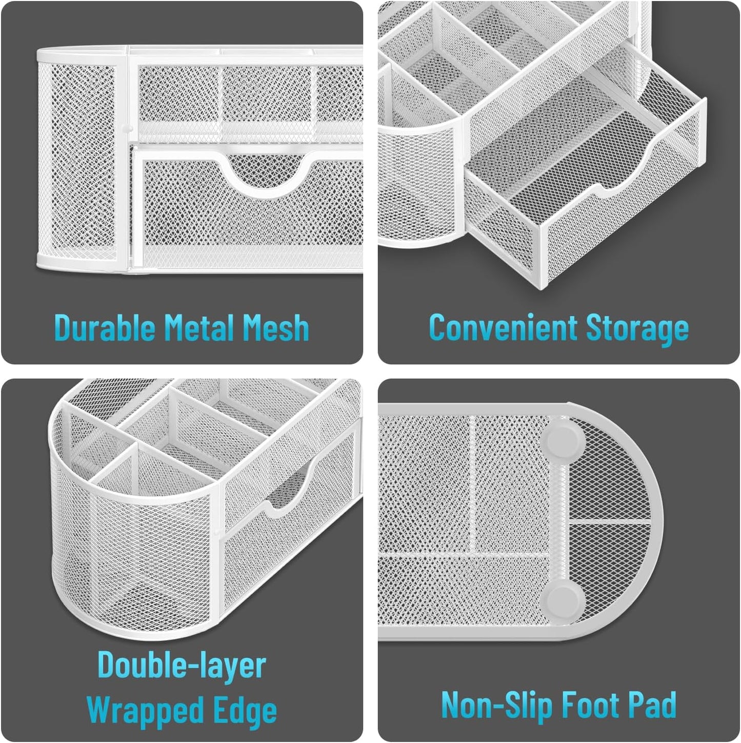 SUPEASY Mesh Desk Organizer, Desk Accessories & Workspace Organizers with Drawers, Pencil Holder for Desk with 9 Compartments for Office Suppliess, 8.6 x 4.3 x 4.1 Inch, White