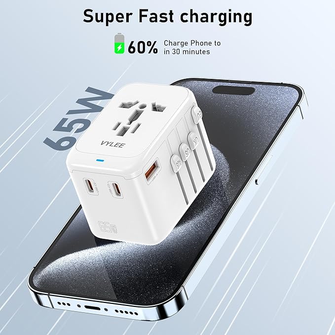 Travel Plug Adapter, 65W Fast GaN Travel Charger, International Plug Adapter with 3 USB-C PD and 1 USB-A QC with US/EU/UK/AU Convenient for iPhone,Samsung,Laptops