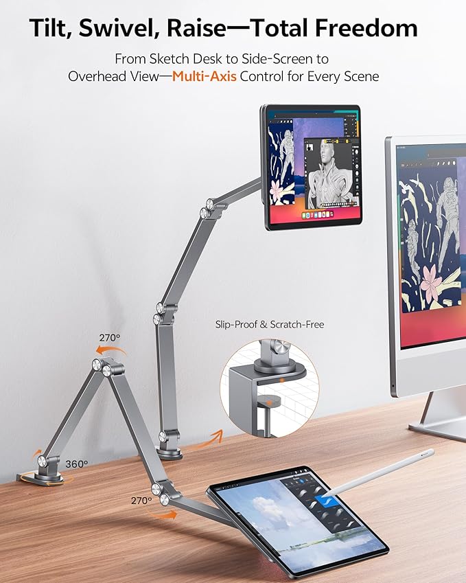 LULULOOK [Upgrade] Magnetic Wireless Charging Stand for iPad Pro 13" M4 Only, Aluminium Alloy iPad Stand for Desk with Foldable Long Arm, 360° Adjustable Tablet Holder with 2M USB C Cable