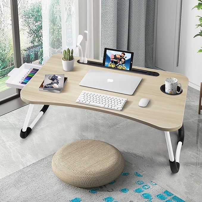 Slendor Lap Desk with Tablet Slot, Foldable Laptop Table with Storage Drawer，Portable Bed Desk for Laptop, Computer Tray with Cup Holder Notebook Stand Reading Holder for Couch Floor, White Maple