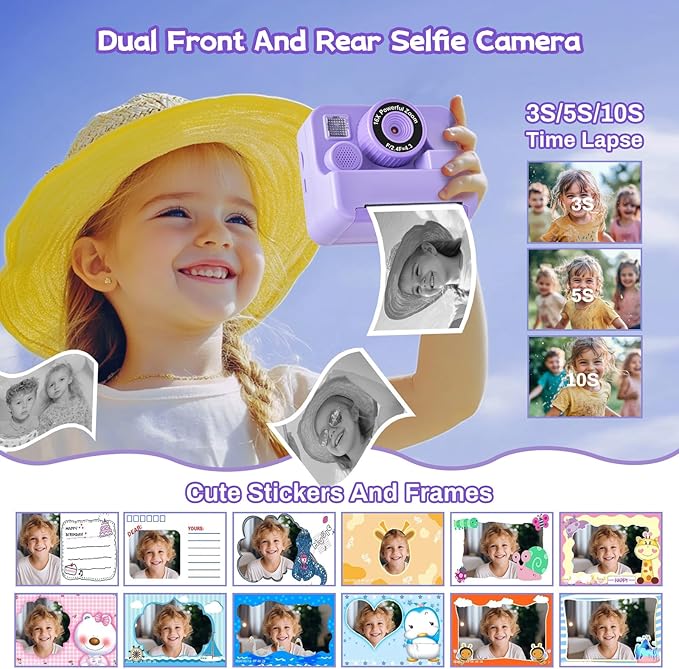 Kids Camera Instant Print, Dual Cameras Photo 1080 HD 2.4 Inch Screen Toddler Print Camera with 3 Prints Paper & 32 G,Christmas Birthday Gifts for Girls Boy 3 4 5 6 7 8 9 1s0 11 12 Year Old