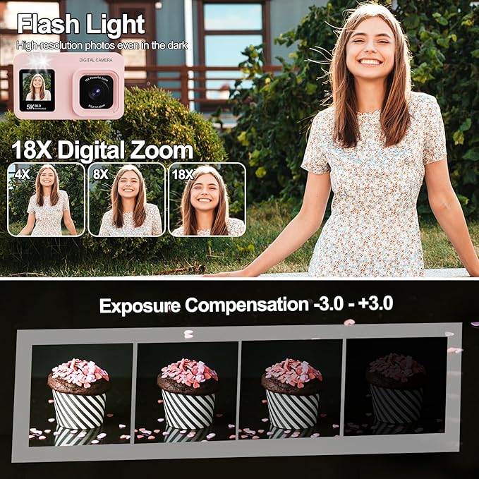 Upgraded 5K Dual Screen Digital Camera,80MP Vlog Photography Camera for YouTube,Campus,Travel,Compact Point & Shoot Camera for Teens & Beginners with Autofocus,18x Zoom,Anti-Shake,Pink