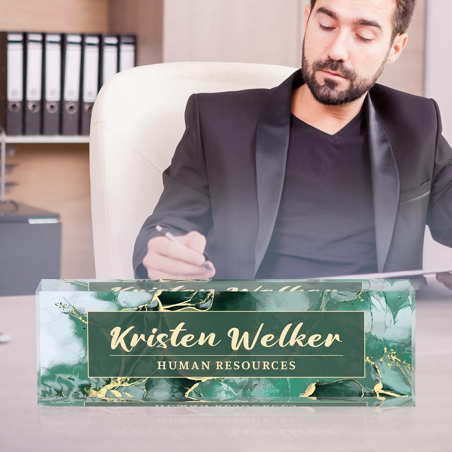 Desk Name Plate Personalized, Premium Green Phnom Penh Marble Acrylic Desk Name Plate, Personalized Name Plate for Desk, Office Decor for Women or Men Coworkers, Boss, Employee, Teacher