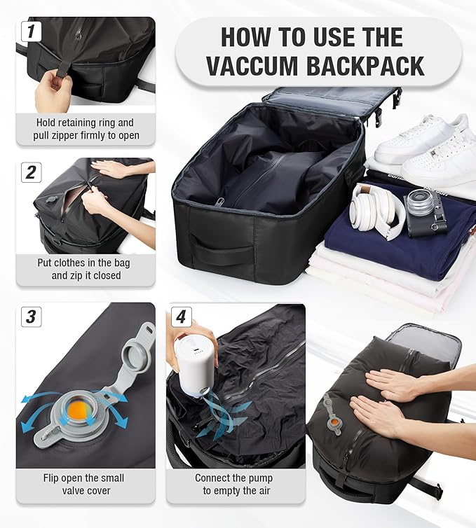 Vacuum Travel Backpack with Pump for Women,Airback Personal Item Carry on Backpacks Flight Approved for Men,Laptop Waterproof Work Compression bags Casual Daypack(Black)