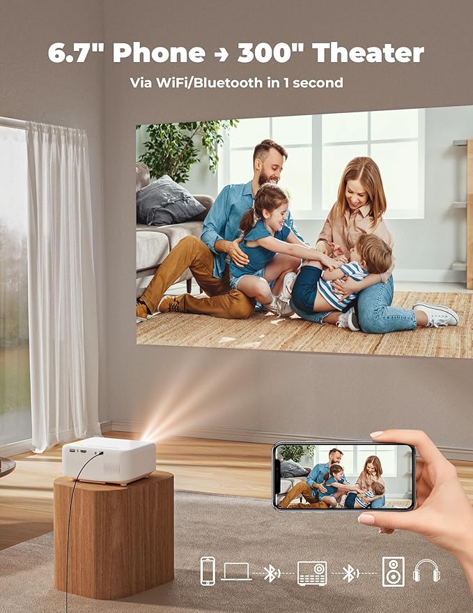 Projector with WiFi and Bluetooth [for Netflix & 600+ Native Apps & 800 ANSI] Outdoor-Projector: Electric Focus & 4P Keystone, Lisowod L02 1080P Portable-Mini-Movie-Projector with Whale TV