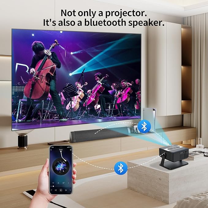 Mini Projector 4K support with WiFi 6 and Bluetooth 5.0, 4w Speaker, Auto Vertical Keystone 45° Rotatable Portable Proyector for Home Bedroom Outdoor