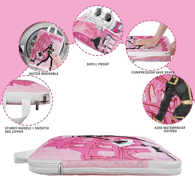 Compression Packing Cubes for Travel, 6 Set Pink Fashion Luxury Girly Luggage Organizers, Lightweight Waterproof Expandable/Compression Bags Smell Proof Travel Packing Cubes for Suitcases