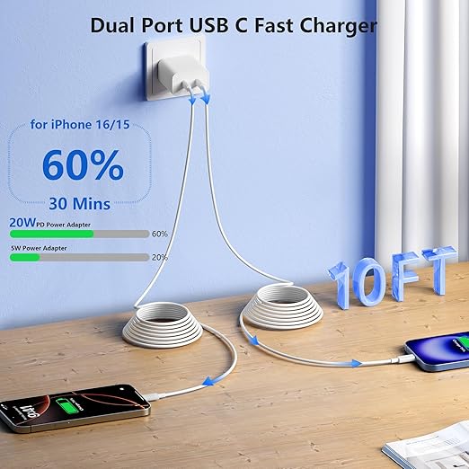 Extra Long 10FT for iPhone 17 Air 16e 15 Charger Fast Charging, Dual Port PD Power Adapter Fast C Charging Block with 10Feet USB C to C Cable Cord for iPhone 16 15 Pro Max/16 Pro/15/15 Plus/iPad,2Sets