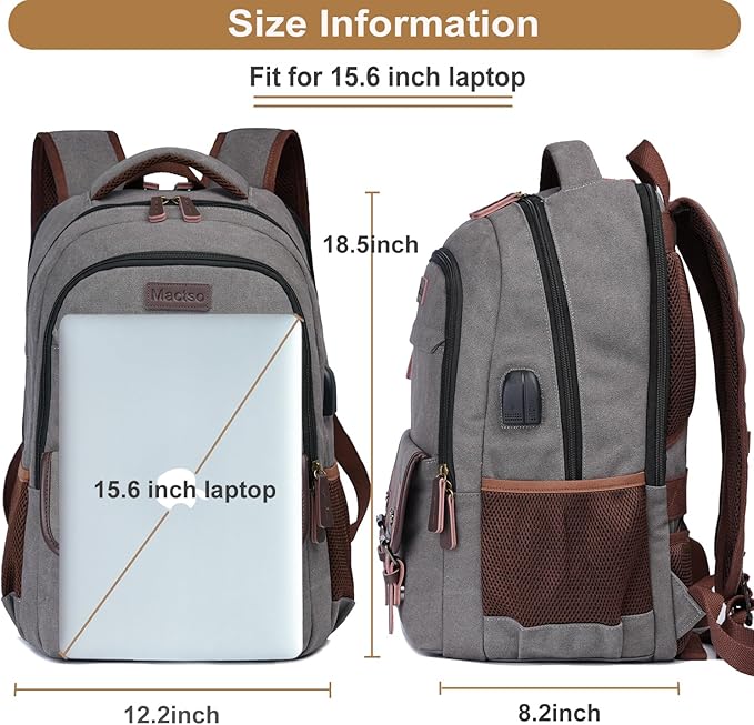 Mactso Canvas Travel Laptop Backpack for Men Women, Business Work Rucksack College School Computer Bag Fits 15.6 Inch Notebook,Bookbag with USB Charging Port (Grey, 15.6 Inch)