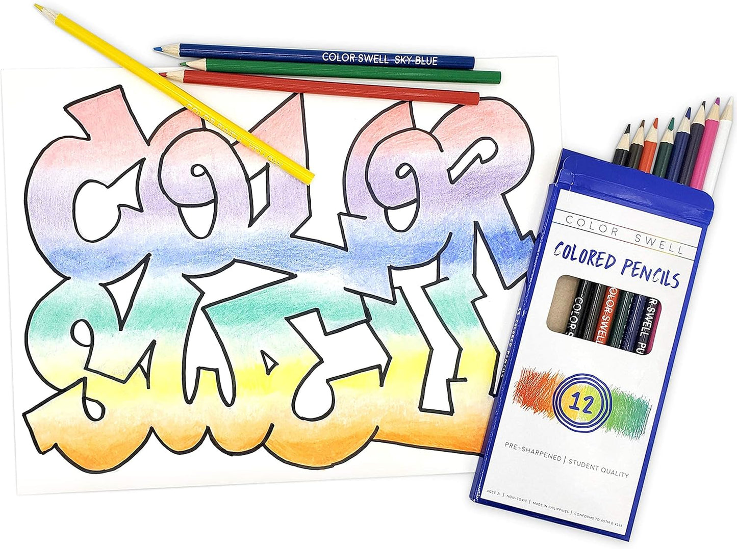 Color Swell Colored Pencil Pack 12 Count Assorted Vibrant Pre-Sharpened Colors Perfect for Kids, Teachers, Classrooms, and All Ages