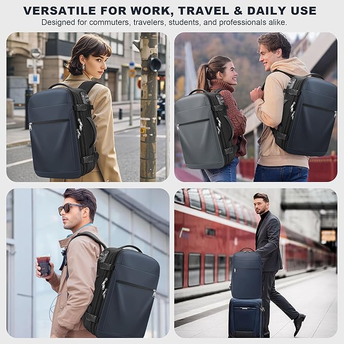 Vacuum Backpack Travel – Expandable Compression Carry On Backpack with Vacuum Pump, Water-Resistant TSA Lock Travel Bag, 17" Laptop Backpack for Men Women, Business Airplane Flight Luggage, Navy Blue