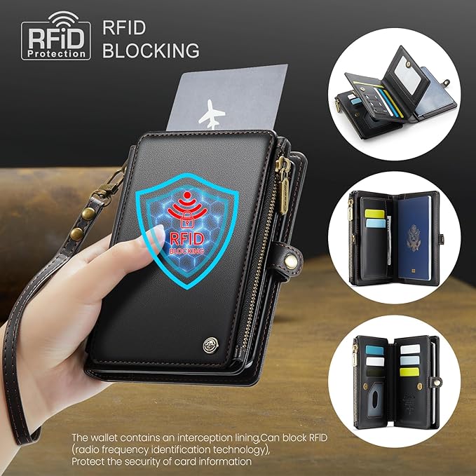 Passport Holder Wallet Bag with AirTag Holder, 11 Card Slots and Passport Solt Cash Solt Photo Solt Zipper Pocket, RFID Blocking Wristlet Strap.Black