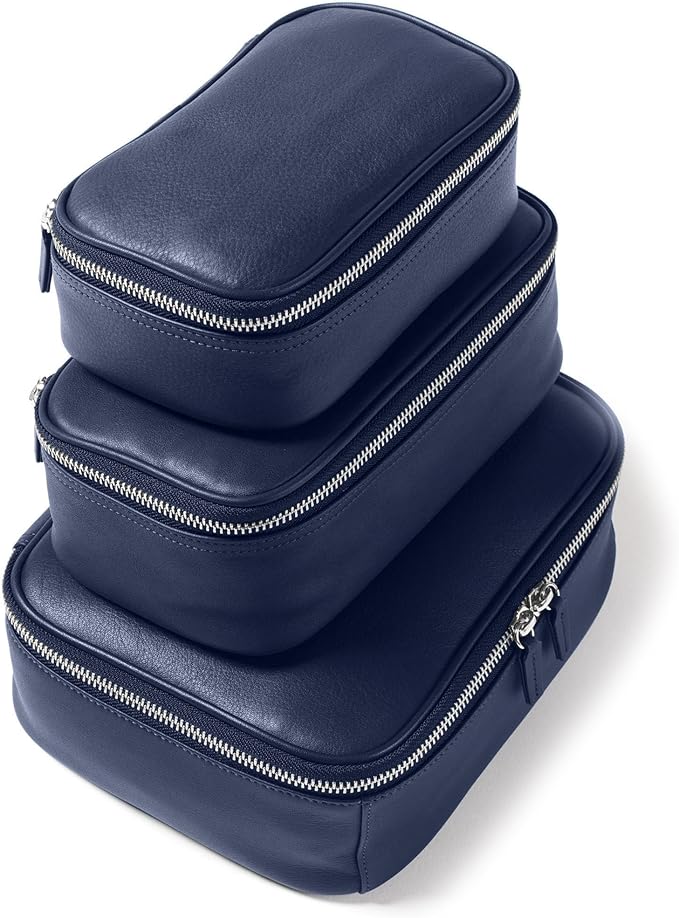 Leatherology Navy Blue Nested Travel Organizer Trio – 3-Piece Leather Packing Set with Mesh Pocket, Elastic Loops & Water-Resistant Lining – Compact Storage for Tech, Toiletries & Travel Essentials
