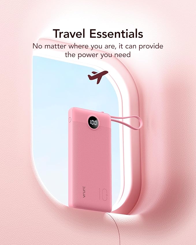VRURC Portable Charger Power Bank, 10000mAh Travel Essentials Battery Pack, 5 Outputs 2 Inputs Slim Charging Bank Built-in Cables Cords Wires Compatible with iPhone,Samsung,Android-Barbie Pink(1 Pack)