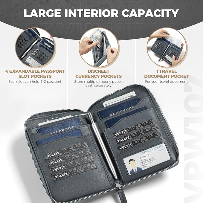 VULKIT Leather Passport Holder for 4-8 Passports Family Passport Wallet with Zipper Travel Documents Organizer for Men or Women(Navy)