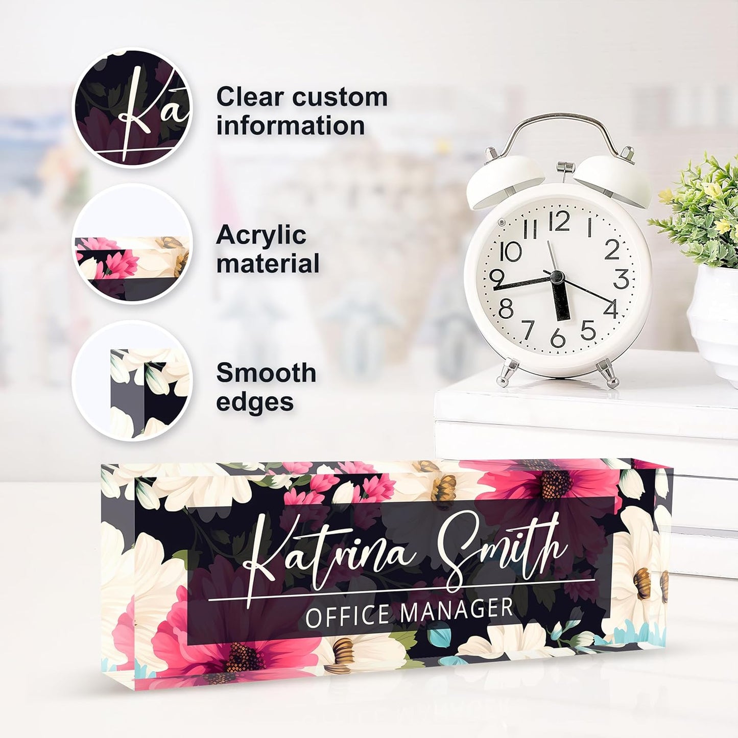 Personalized Name Plate for Desk, Custom Desk Name Plate, Acrylic Name Plate Office Desk Accessories, Personalized Office Gifts for Coworkers Teachers, Employee Appreciation Gifts (C-Dark Floral)