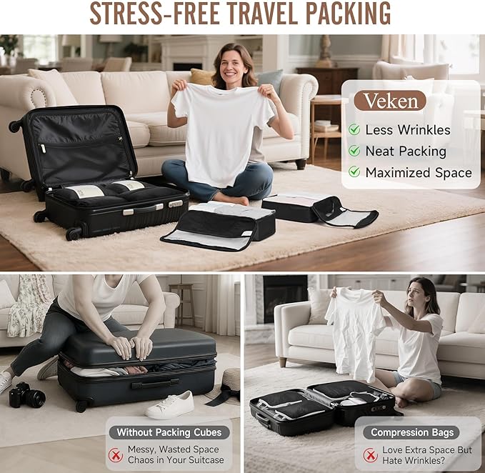 Veken 10 Set/8 Set Packing Cubes for Travel Essentials, Suitcase Organizer Bags in 4 Sizes, Carry-On Luggage Accessories with Large Laundry & Toiletry Bag, Must-Have for Airplane, Road Trip & Camping