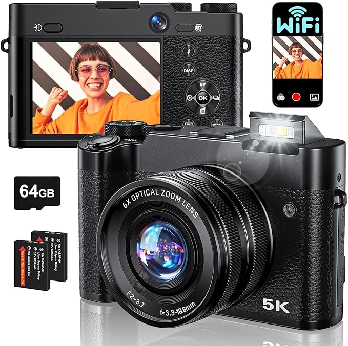 Digital Camera, 6X Optical Zoom & WiFi, 5K 30FPS 64MP Vlogging Camera, Rear and Front Cameras for Photography and Video, Autofocus & Anti-Shake, Travel Selfie for YouTube with Flash Dial 64GB Card