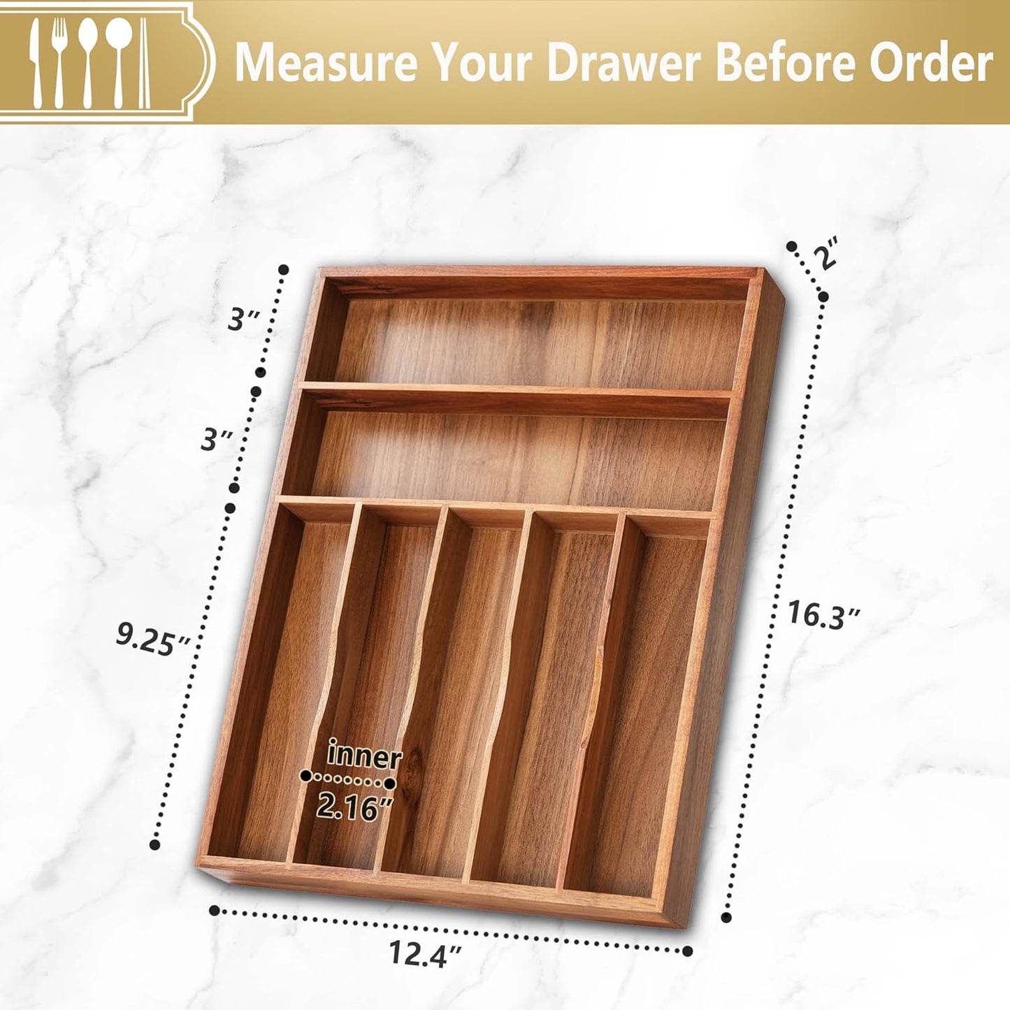 Silverware Organizer, 12.5 Inch Utensil Organizer Kitchen Drawer Organizer Acacia Silverware Holder Cutlery Tray Organizer in Drawer Flatware Organizer Tray(7 slots, Acacia）
