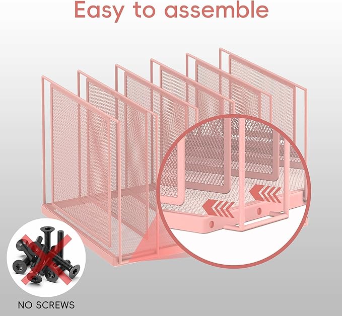 File Organizer for Desk, 5-Section Vertical File Sorter, Paper Holder Organizer Standing Metal File Folder for Office Home Classroom, Pink