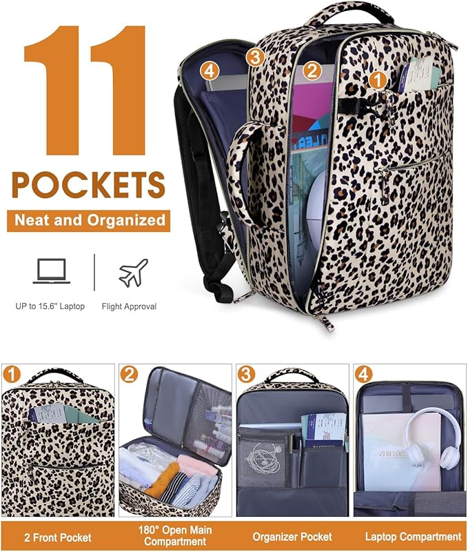 Capolo Travel Backpack for Women Men Waterproof Laptop Backpack Airlines Approved Carry On Backpack Bag Computer Bags for Business, Work, Traveling Fits 15.6 Inch Laptop(Leopard)