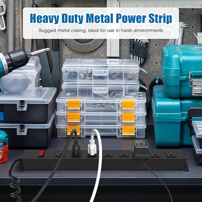 2Pack 8 Outlet Metal Wall Mount Power Strip, Mountable Outlet with Switch, Heavy Duty Wide Spaced Surge Protector, 6 FT SJT 14AWG Black Spring Cord.