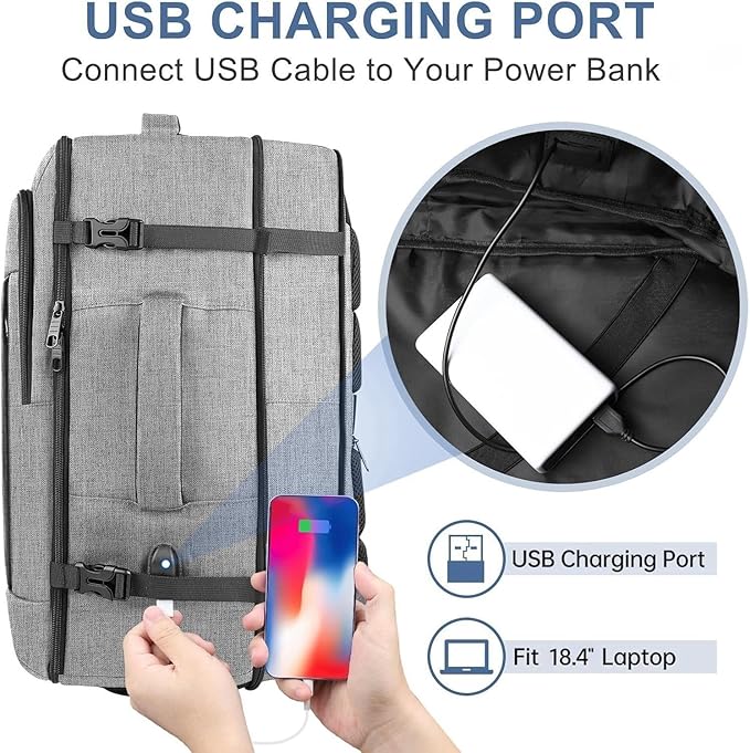 55L Carry On Backpack, Extra Large Travel Laptop Backpack for Men & Women, 60L Expandable Big Capacity For Airplanes, Travel Gifts for Men Women, Fits 18.4 Inch Laptop, Luggage Suitcase Bag, Grey