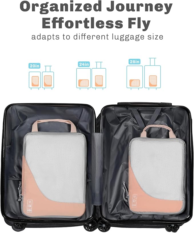 Hynes Eagle 6 Set/ 4 Set/ 2 Set Compression Packing Cubes Travel Essentials Lightweight Nylon Luggage Suitcase Organizer Bag Light Pink 2PCS
