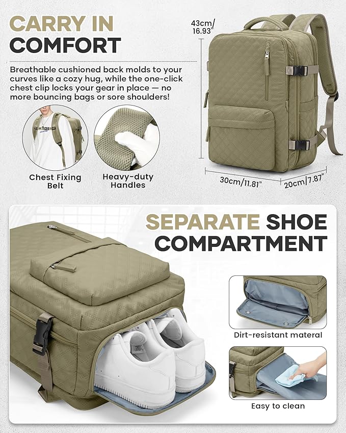 Vacuum Travel Backpack with Pump for Women,Personal Item Carry on Backpacks Flight Approved 18x14x8 inches for Men,Laptop Waterproof Work Compression bags Casual Daypack Khaki.