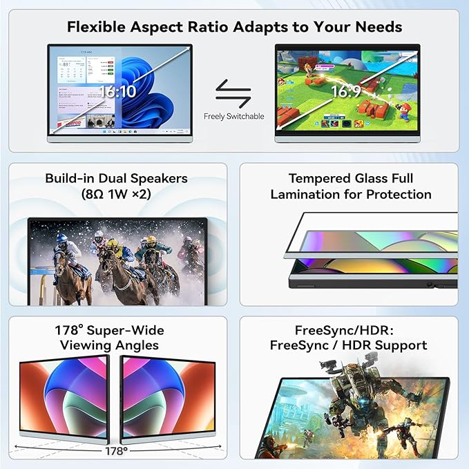 Intehill 14" Portable Monitor, WUXGA 1920x1200 Portable Screen with Full-Covered Tempered Glass, 16:10 USB-C HDMI External Display with Speakers & Stand, Travel Monitor Second Screen for Laptop, F14ZA