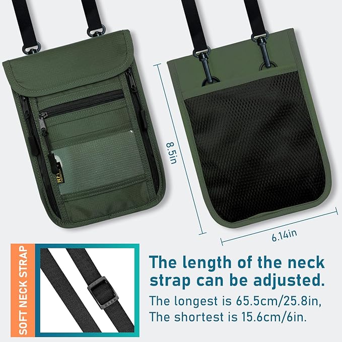 sundee Travel Neck Wallet with Double Zippers, RFID Blocking Passport Holder with Adjustable Neck Strap for Men and Women to Keep Cash, Credit Cards and Travel Documents Safe - Olive Green