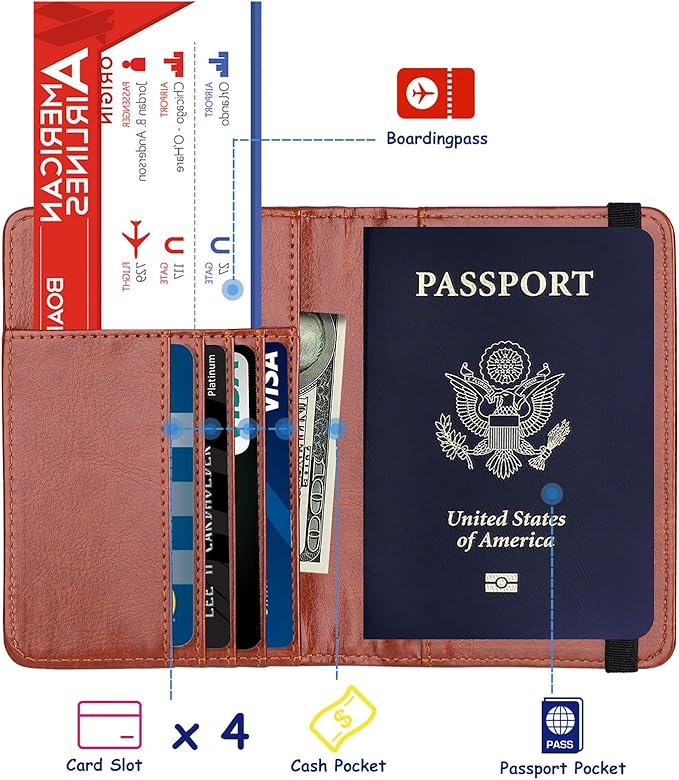 TOURSUIT RFID Blocking Passport Holder for Women Men, Leather Passport Travel Wallet with Metal 3D Metal Badge, Travel Document Holder Cover Accessories (Brown)