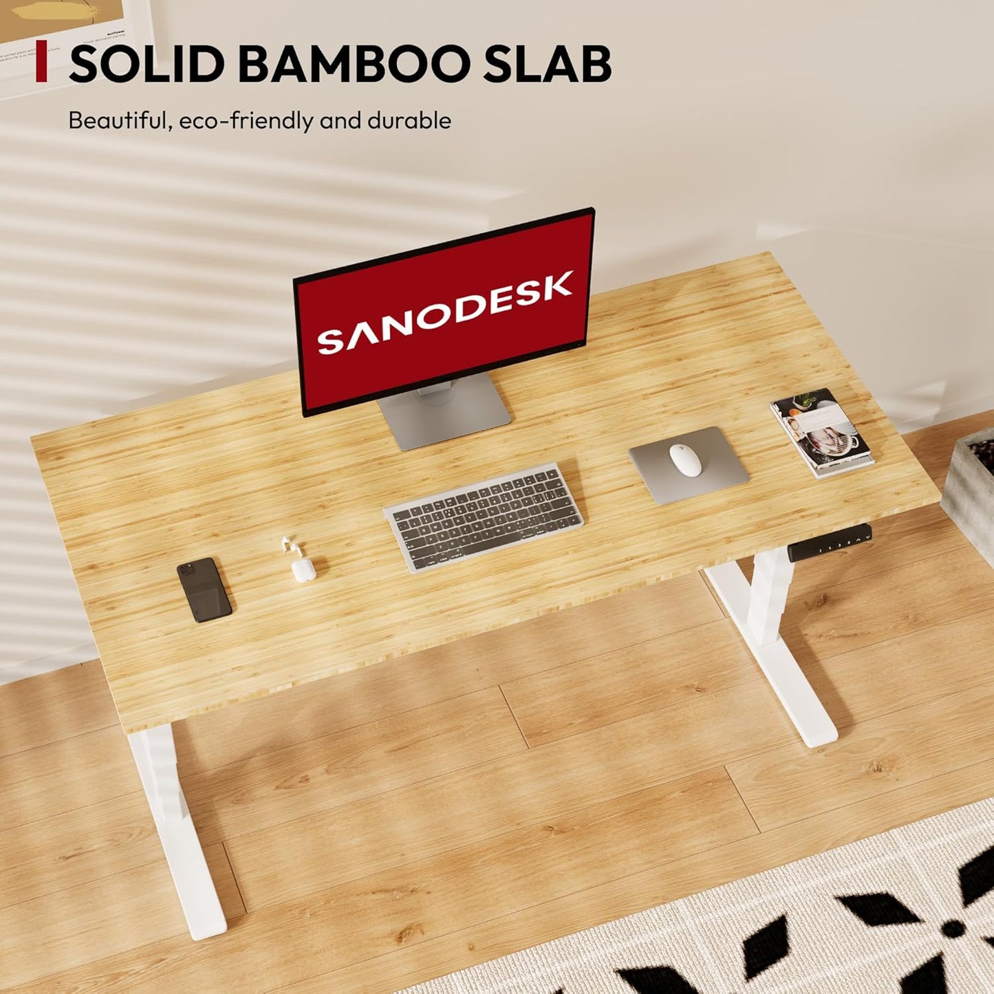 Standing Desk with Dual Motor, 3-Stage Lifting Column, Handset with 3 Preset and Sit-Stand Reminder - 60 inch Whole Piece Real Bamboo Desk/White Frame, Height Adjustable Desk for Home and Office