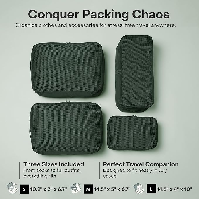 Packing Cells - 4 Set Packing Cubes Luggage Organizer Bags (S, M, 2 x L), Must-Have Suitcase Organizer for Travel, Road Trip & Camping Accessories, Stain-proof, Washable, 3 Sizes - Forest