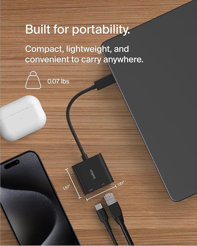 Belkin Connect USB-C to Ethernet + Charge Adapter 100W w/Gigabit Ethernet Port and USB-C Port - 10/100/1000 Mbps for Fast Internet Connection - Compatible with iPhone 17, Samsung Galaxy S25, & More