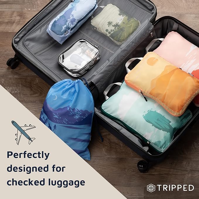 Large Compression Packing Cubes for Travel-Packing Cube Luggage Organizers 7 Piece Set for Checked Luggage-Ultralight, Expandable/Compression Bags by TRIPPED Travel Gear (Landscape)