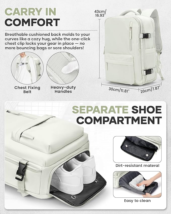 Vacuum Travel Backpack with Pump for Women, Personal Item Carry on Backpacks Flight Approved 18x14x8 inches for Men,Laptop Waterproof Work Compression bags Casual Daypack YYWhite