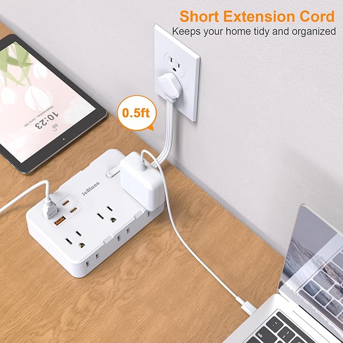 Surge Protector Power Strip, Flat Plug Extension Cord 0.65 FT with 6 Outlets 4 USB Charger (2 USB C), 1050J Protection Multiple Outlets Charging Station for Home, Office, College Dorm Room