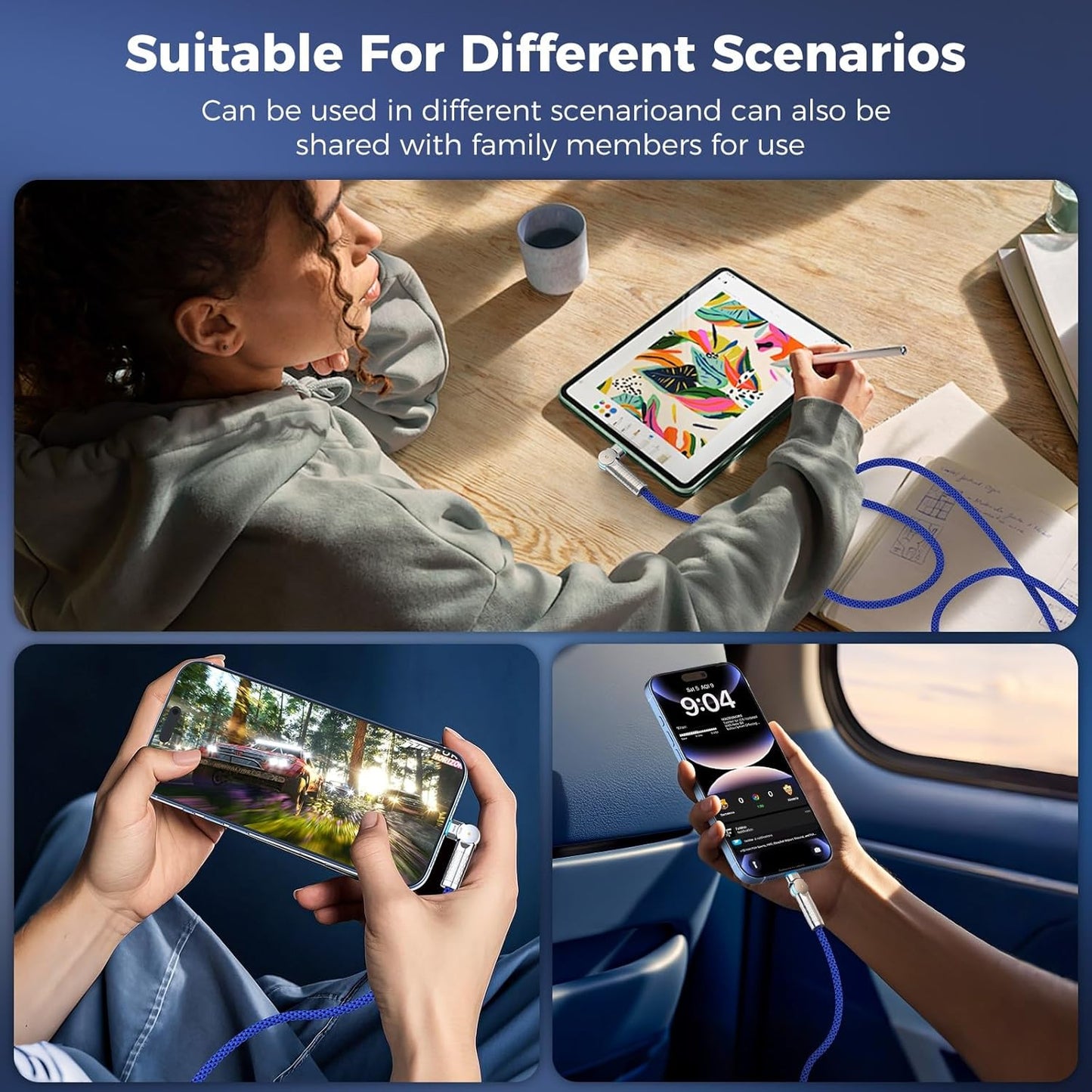 USB C to USB C Cable10ft,240W 2-Pack Braided 180°Rotating Type C Charging CableFast Charge for iPhone 15/16/16Pro/16Plus/16ProMax,MacBook Air,iPad Pro,Pixel,Samsung Galaxy S23/S24 Ultra-Blue