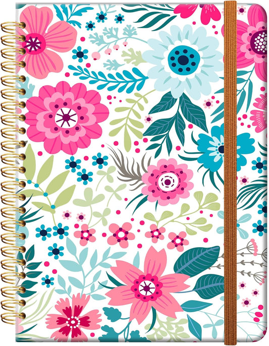 Ruled Spiral Writing Notebook,A5 Hardcover Lined College Journal for Women Lady,Fashion Puppy Watercolor Strong Twin-Wire Binding with Premium Paper,8.4" X 6",Perfect for School,Office,Home Gifts(Colorful Flowers)