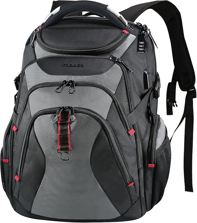 KROSER Travel Laptop Backpack 17.3 Inch XL Computer Backpack with Hard Shell Saferoom RFID Pockets Water-Repellent Business College Daypack Stylish Bag for Men/Women-Black Grey