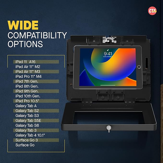 Locking iPad Wall Mount – CTA Anti-Theft Tablet Wall Mount For iPad 10th Gen 10.9-inch - iPad 7th/8/9 Gen - iPad Air 4 - Galaxy Tab - Lenovo Tab 4 - Zebra Tablets & More - Black - (PAD-PARAW)