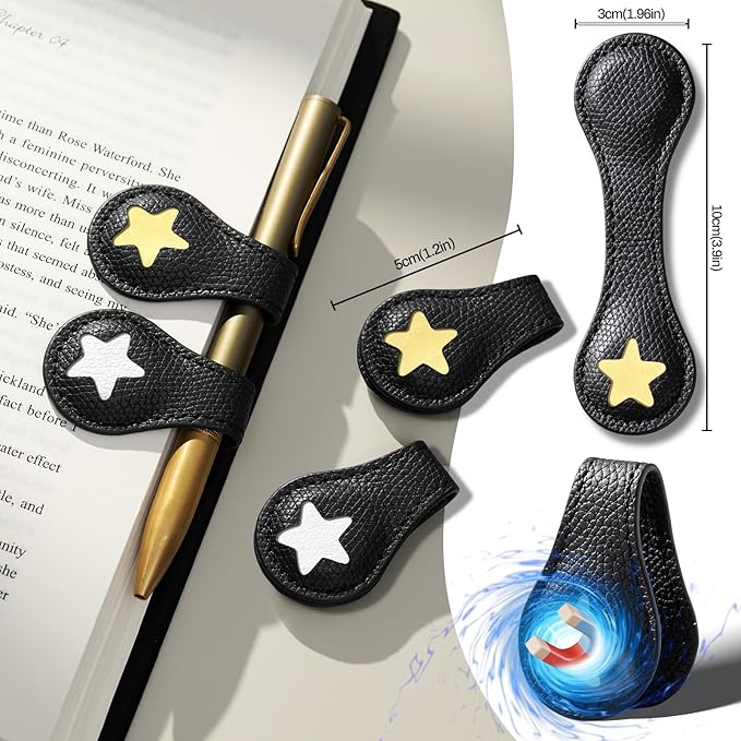 2Pcs Magnetic Leather Bookmarks with Gift Box, Magnetic Pen Holder Book Marks Clip Gift for Book Lover Readers Men Women Teachers Students, Star (Black+Black)