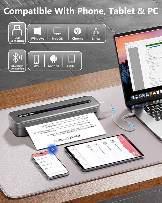 Itari Thermal Portable Printers Wireless for Travel, 300dpi Inkless Printer Support 8.5'' x 11'' US Letter & A4 Paper, Bluetooth Mobile Printer Compatible with iOS, Android Phone & Laptop