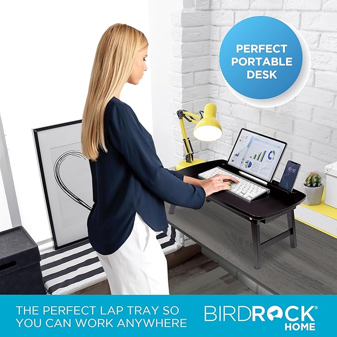 BIRDROCK HOME Bamboo Wood Lap Tray with Foldout Legs, Storage Drawer, Fits Laptops Up to 17", Tablet and Phone Slot, Laptop Table for Sitting or Standing, Work from Home, Workstation - Espresso