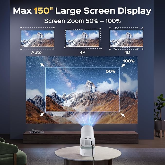 Mini Projector with WiFi & Bluetooth, Auto Keystone & Electric Focus, 270° Rotation Rechargeable Portable Outdoor Projector, Native 1080P 4K Supported for Home Theater & Camping