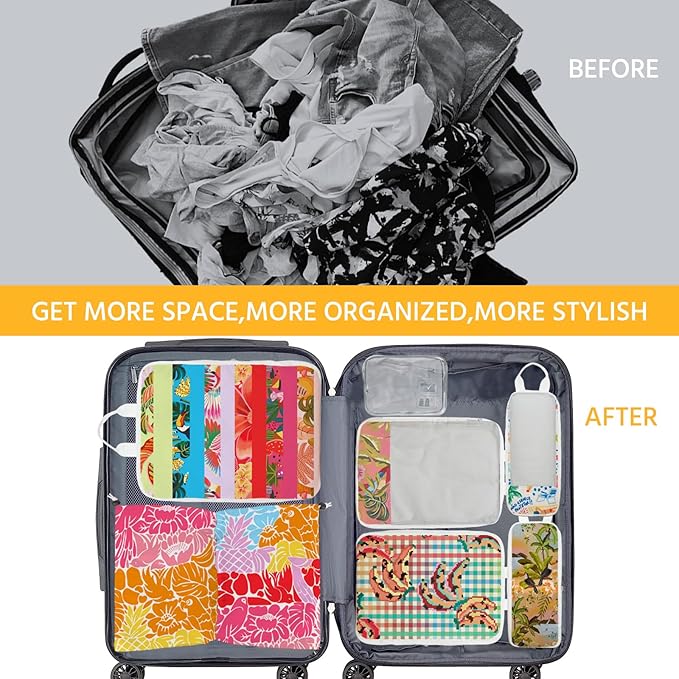 7 Pcs Compression Packing Cubes for Travel, Waterproof Suitcase Luggage Backpack Organizer with Toiletry Bag Travel Essentials for Women/Men-Tropical Pattern
