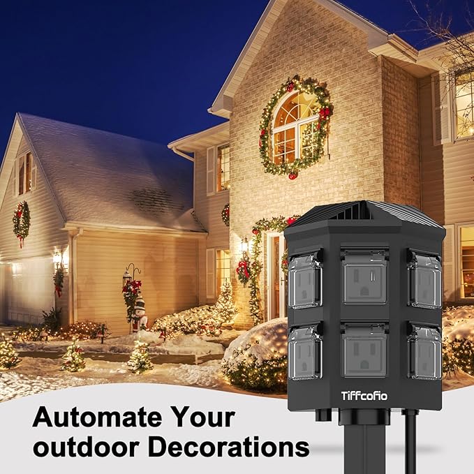 Outdoor Power Strip with 30 FT Extension Cord, 100FT Remote Control, Dusk to Dawn Light Timer Waterproof, 6 Grounded Outlets for Yard, Pool and Garden, ETL Listed