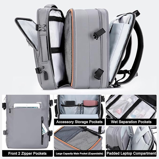 HOMIEE Carry on Backpack Extra Large Travel Bag, Expandable Hand Luggage Suitcase Anti-Theft Business Backpack, Water Resistant Lightweight Weekender Bag, Light Grey
